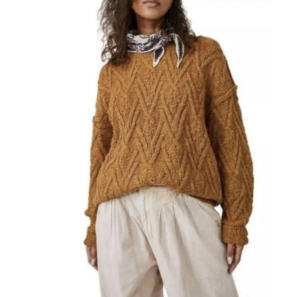 Free People Isla Camel Cable Chunky Knit Tunic Oversized Sweater Small $148